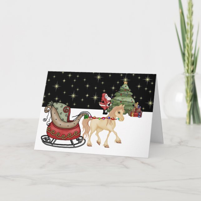 Cute Horse, Sleigh och Santa Deliving Gifts Helgkort (Framsida)