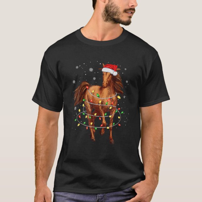 Cute Horse Träd jul Ljus Funny Julafton Pajama T Shirt (Framsida)