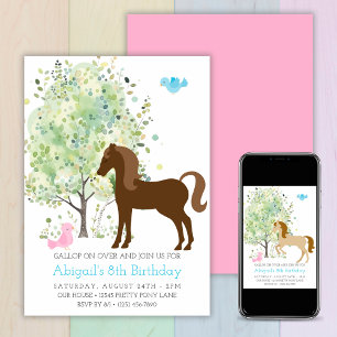 Cute Horse, Träd, Pony Rides Equestrian Birthday Inbjudningar