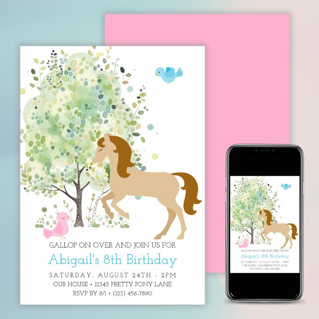 Cute Horse, Träd, Pony Rides Equestrian Birthday Inbjudningar (Cute Horse, Trees, Pony Rides Equestrian Birthday Invitation)