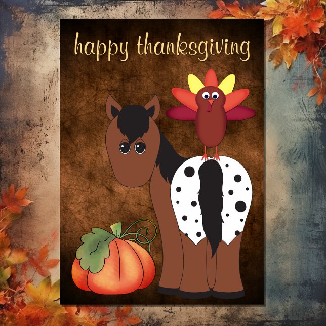 Cute Horse, Turkiet och Pumpkin-Thanksgivingen Helgkort (Front - Cute Horse, Turkey and Pumpkin Thanksgiving Holiday Card)
