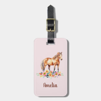 Cute Horse Watercolor Blommigt Rosa Namn Luggage T Bagagebricka