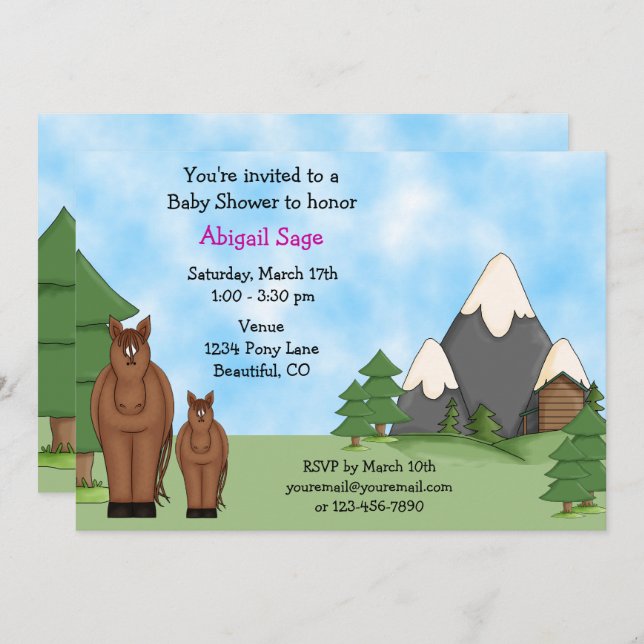 Cute Horses and Mountains Girl Shower Inbjudningar (Fram/baksida)