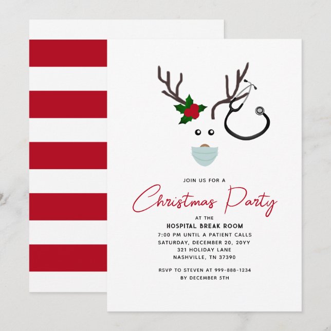 Cute Hospital jul Party Red Reindeer Inbjudningar (Fram/baksida)