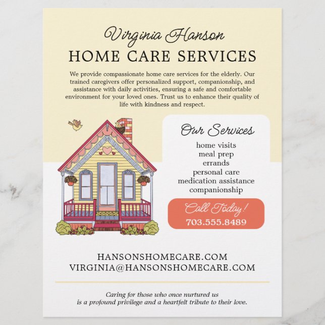 Cute House Caregiver Caretaker Services Gult Reklamblad (Framsidan)
