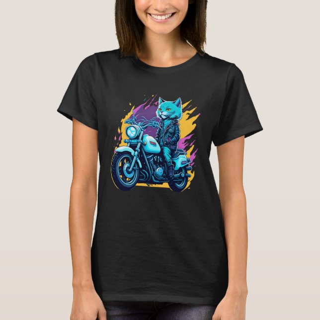 Cute house cat riding on a motorcycle  Christmas T Shirt (Framsida)