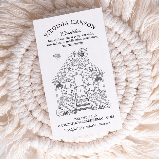 Cute House One Sided Caregiver Visitkort (Cute black and white caregiver illustrated business card.)