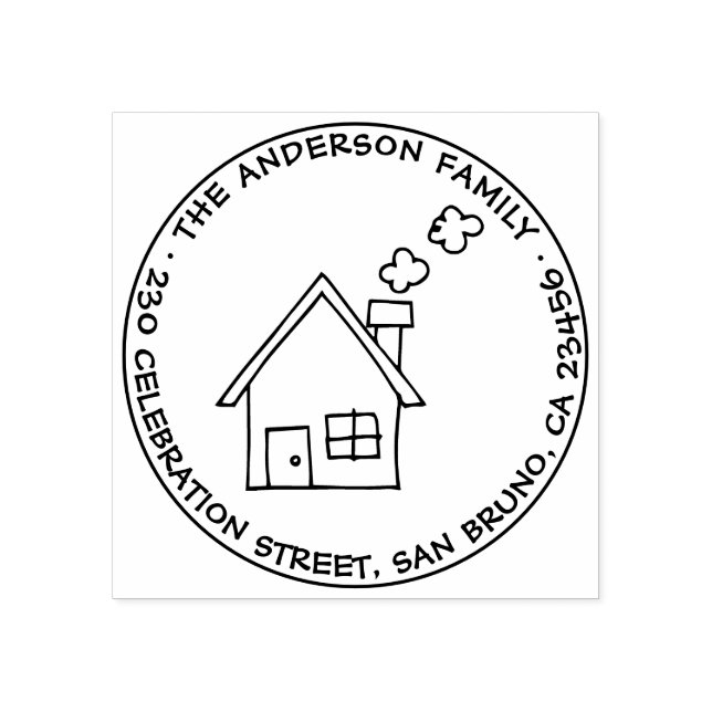 Cute House Teckning Family Namn & Returadress Stämpel (Tryck)