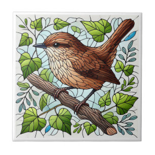 Cute House Wren Stached Glass look Kakelplatta