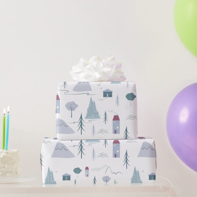 Cute Houses Träd bergen Modern Mönster Presentpapper (Festgåvor)
