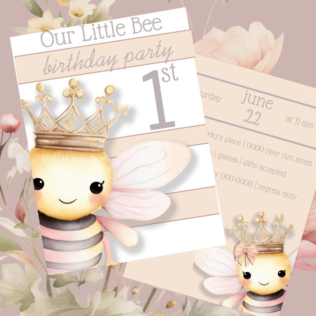 Cute Humla med Krona |  ROSA | Elfenbenskusten Inbjudningar (Cute bumble bee in blush pink, beige and ivory for baby's first birthday customizable invitation)