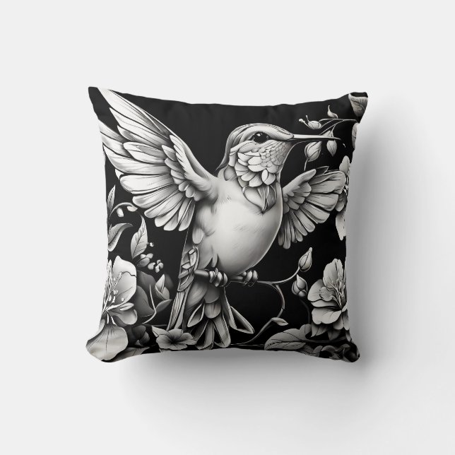 Cute Hummingbird Black & White Designer Cushion Kudde (Framsida)
