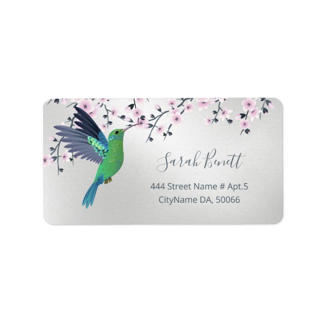 Cute Hummingbird Cherry Blommar Grönt Silver Adressetikett (Framsidan)