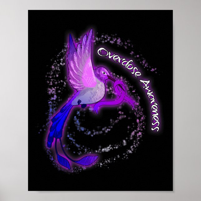 Cute Hummingbird Holding Lila Ribbon Överdosering  Poster (Framsidan)