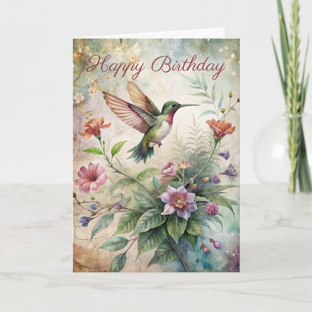 Cute Hummingbird on Flowers Birday Card Kort (Framsida)
