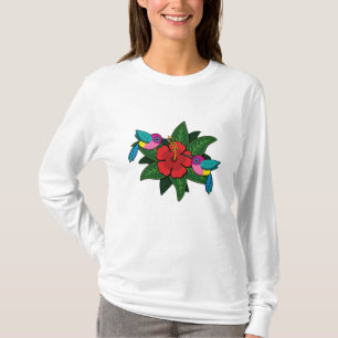 Cute Hummingbird on Hibiscus Flower Tecknad - W T Shirt