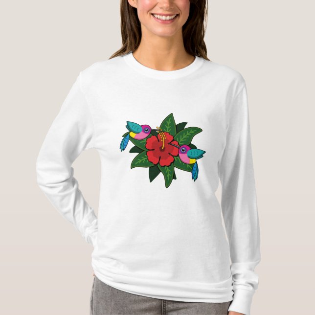 Cute Hummingbird on Hibiscus Flower Tecknad - W T Shirt (Framsida)
