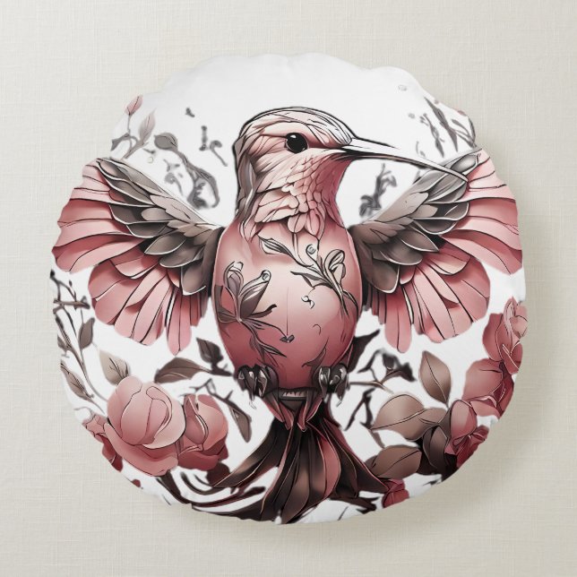 Cute Hummingbird på Twig Rund Kudde (Framsidan)