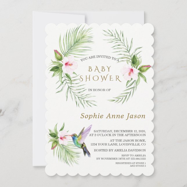 Cute Hummingbird Tropical Flowers Baby Shower Inbjudningar (Framsida)