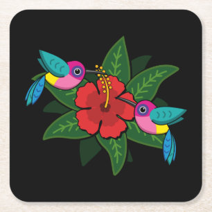 Cute Hummingsbird på Hibiscus Flower Tecknad Underlägg Papper Kvadrat