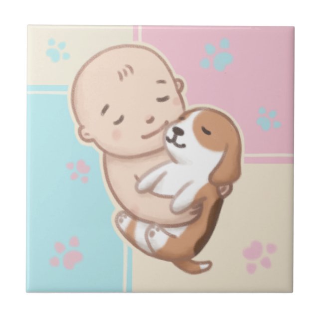 Cute Hund & Baby Illustration Art Kakelplatta (Framsidan)