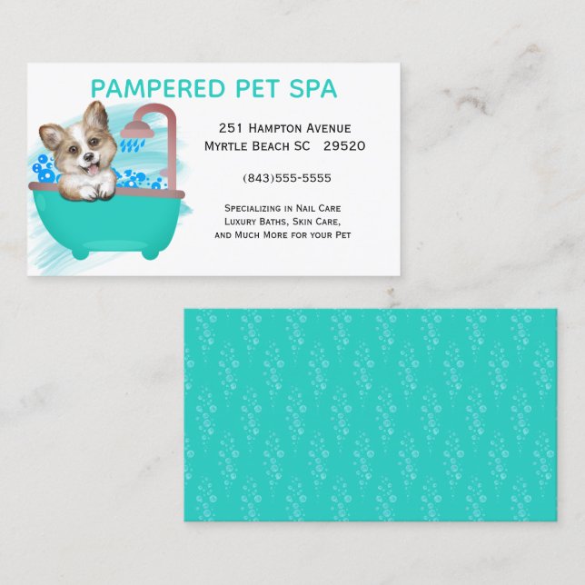 Cute Hund Bath Grönt Pet Groomer Affärskort Visitkort (Fram/baksida)