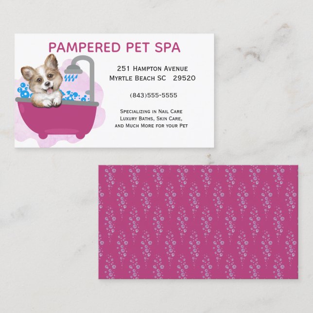 Cute Hund Bath Lila Pet Groomer Business Visitkort (Fram/baksida)