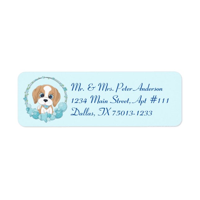Cute Hund & Blue Star Balloon Thecknade Adressetik Returadress Etikett (Framsidan)