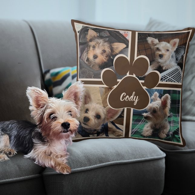 Cute Hund Cat Photo Collage Pet Namn Dekorativ kud Kudde (Custom Dog Paw Pet Photo Collage Personalized Pet Name Pillow)