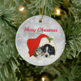 Cute Hund Cat Santa Cap jul Julgransprydnad Keramik
