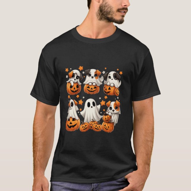 Cute Hund dold som Ghost Rolig hund Ghost Pumpkin T Shirt (Framsida)