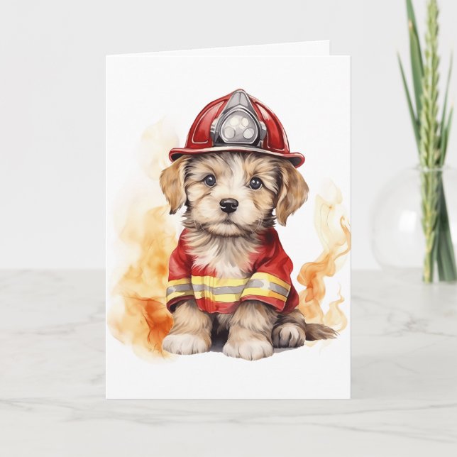 Cute Hund Fireman Kostym Firefighter in Training Kort (Framsida)