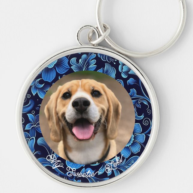 Cute Hund ger Personligen Pet Photo Keychain Rund Silverfärgad Nyckelring (Framsidan)