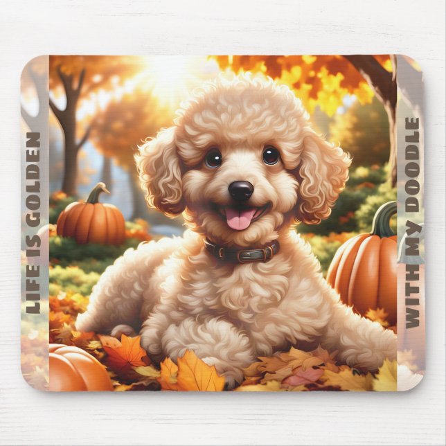 Cute Hund Goldendoodle Puppy Fall Pumpkin Namn Musmatta (Framsidan)