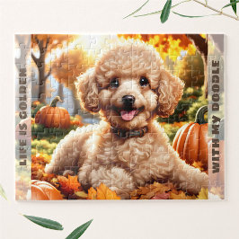 Cute Hund Goldendoodle Puppy Fall Pumpkin Namn Pussel