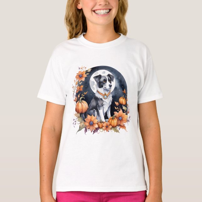 Cute Hund Halloween Blommigt Måne Hund Älskare T Shirt (Framsida)