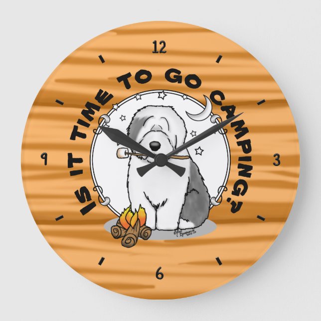 Cute Hund Hiker Camper Old English Sheepdog Grått  Stor Klocka (Framsida)