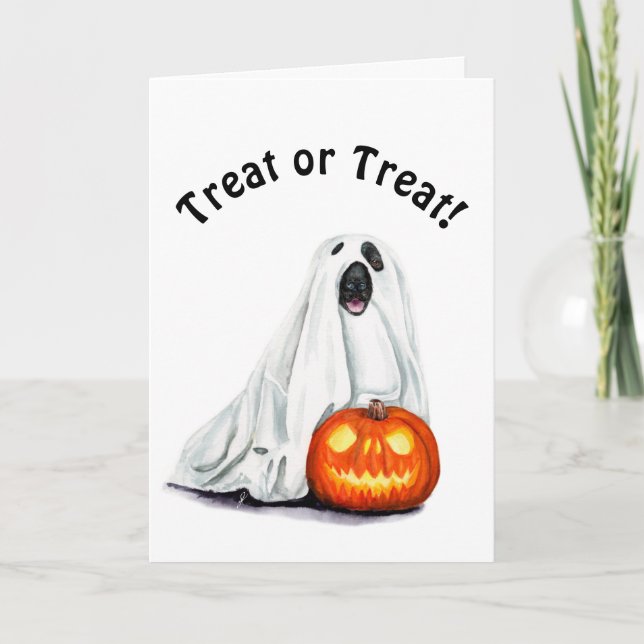 Cute Hund i Ghost Costume Halloween Greeting Card Kort (Framsida)