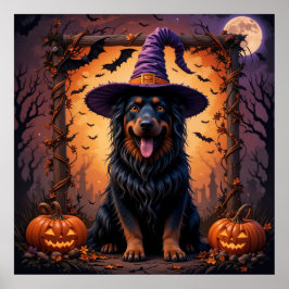 Cute Hund i Witch Hat, omgiven av pumpor Poster