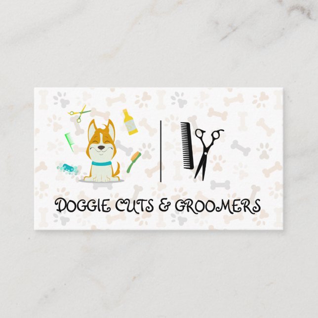 Cute Hund Illustration | Grooming Verktyg och sax Visitkort (Framsida)