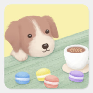 Cute Hund, kaffe och Macarons illustration Art Fyrkantigt Klistermärke