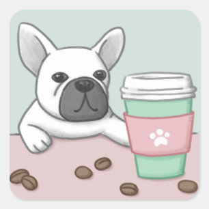 Cute Hund, Kopp och kaffebönor Illustration Art Fyrkantigt Klistermärke