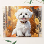 Cute Hund Malta Puppy Pumpkin Fall Hösten Namn Pussel<br><div class="desc">Kute, falltemad pussel med en vidsträckt vit vattenfärg hund maltesisk valp i höst löv. Gör en söt personlig till lagerhållare, liten Thanksgiving eller födelsedagspresent och alla hundälskare. Den kommer med en babyliet i fodral med ett pussel som är tryckt på locket! Anpassa texten enkelt eller lämna den tom. - Kate...</div>