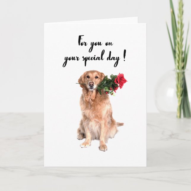 Cute hund med blomma i munnen, födelsedagskort, hu kort (Framsida)