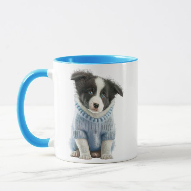 Cute Hund med Blue Jacka och Funny "Sitt, stanna,  Mugg (Vänster)