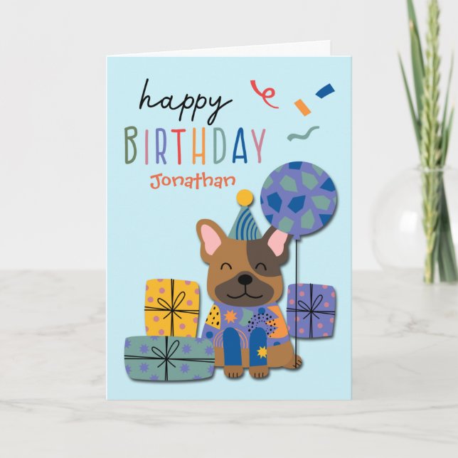 Cute Hund med gåvor och ballon Barns födelsedag Helgkort (Framsida)