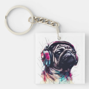 Cute Hund med hörlurar vatten färg, illustration