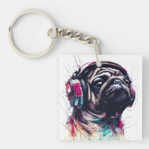 Cute Hund med hörlurar vatten färg, illustration