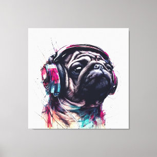 Cute Hund med hörlurar vatten färg, illustration Canvastryck
