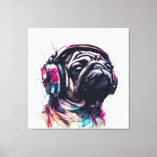 Cute Hund med hörlurar vatten färg, illustration Canvastryck
